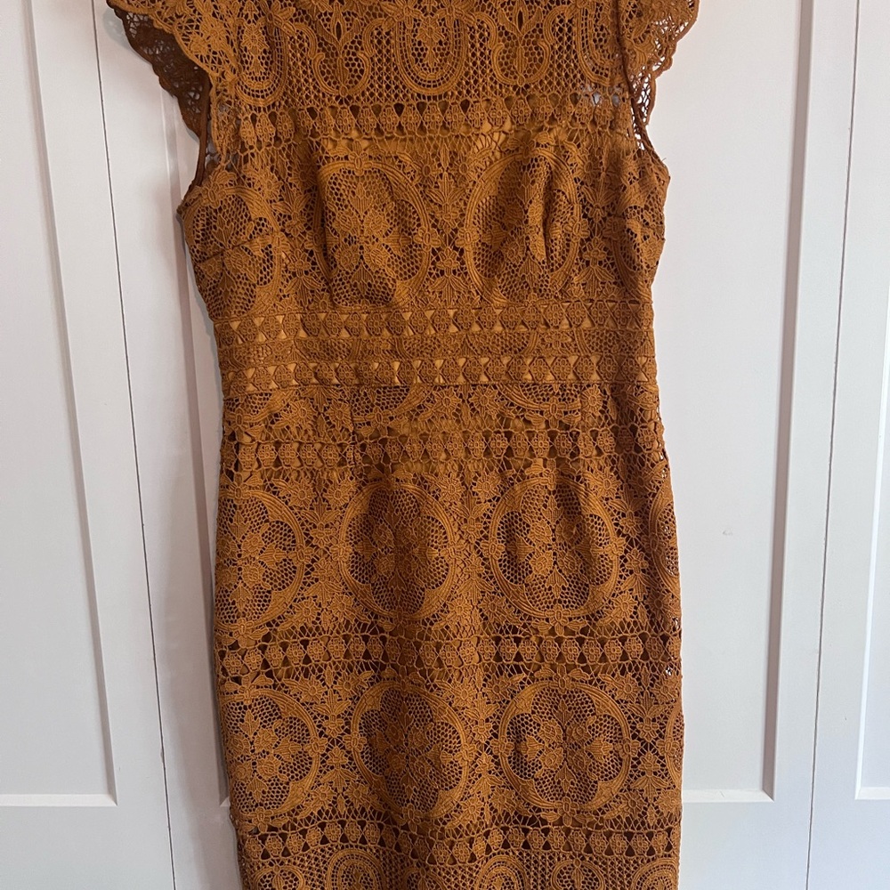 ANTONIO MELANI Brown Sheath Midi Dress with Flutter Cap Sleeves